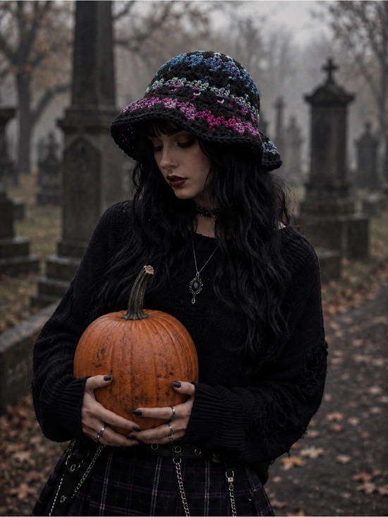 Hand Crafted Accessories - Crochet Bucket Hat Black Multicolor Acrylic Goth Boho Festival Halloween